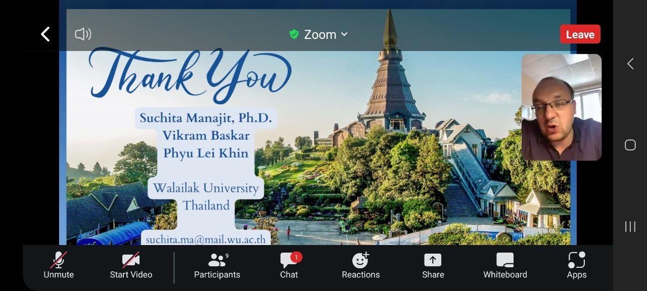 The session started with Lect. Median Adulyarat, Vikram Baskar, and Dr Wasin Praditsilp, on the research entitled: “The Silver Tsunami – Exploring Economic Impact of Population Aging in Asia: A Systematic Review 2018-22”. Then, Dr Suchita Manajit, Phyu Lei Khin, and Vikram Baskar presented their preliminary research entitled: “How Has COVID-19 Affected International and Domestic Tourism in Thailand.” The session consisted of 5 recent research projects in modern business management from international EU and SEA researchers. The conference ended with a short social networking event for international collaboration opportunity between the participants.
