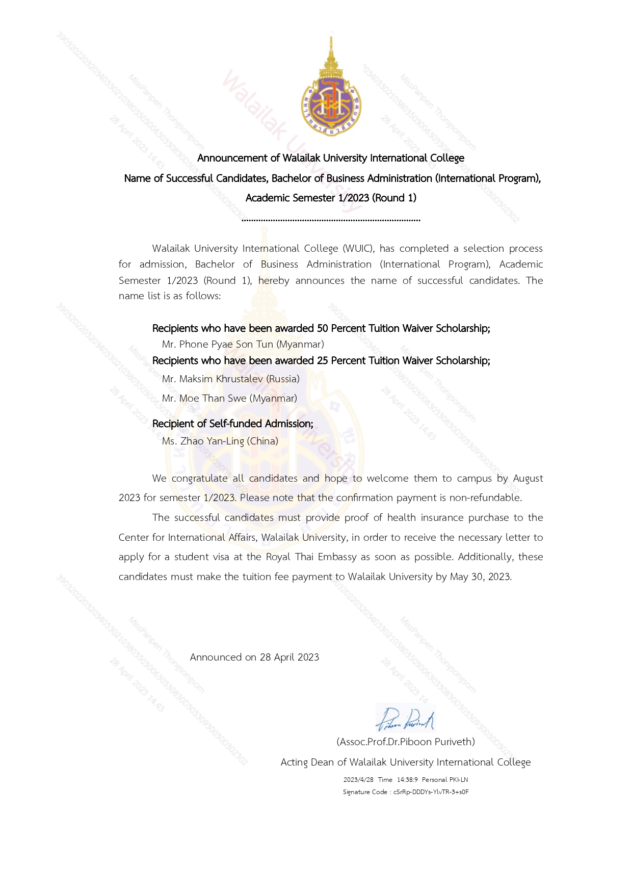 Announcement of Walailak University International College Name of Successful Candidates, Bachelor of Business Administration (International Program), Academic Semester 1/2023 (Round 1)