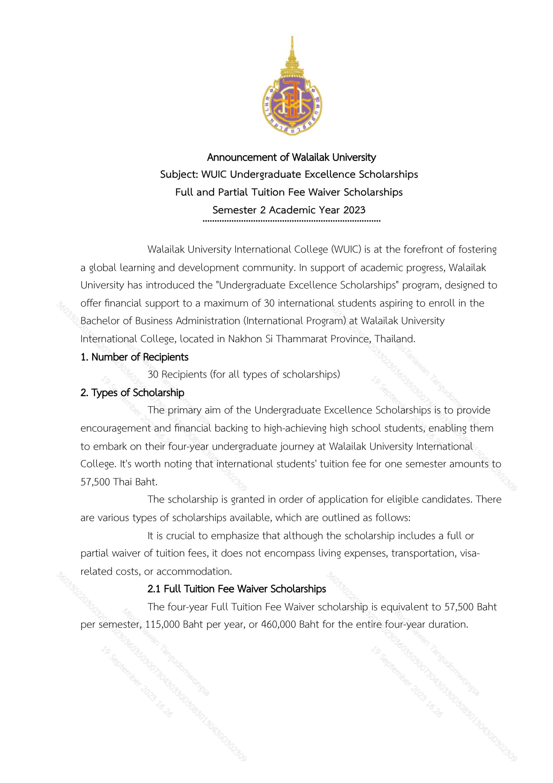 WUIC Undergraduate Excellence Scholarships Full