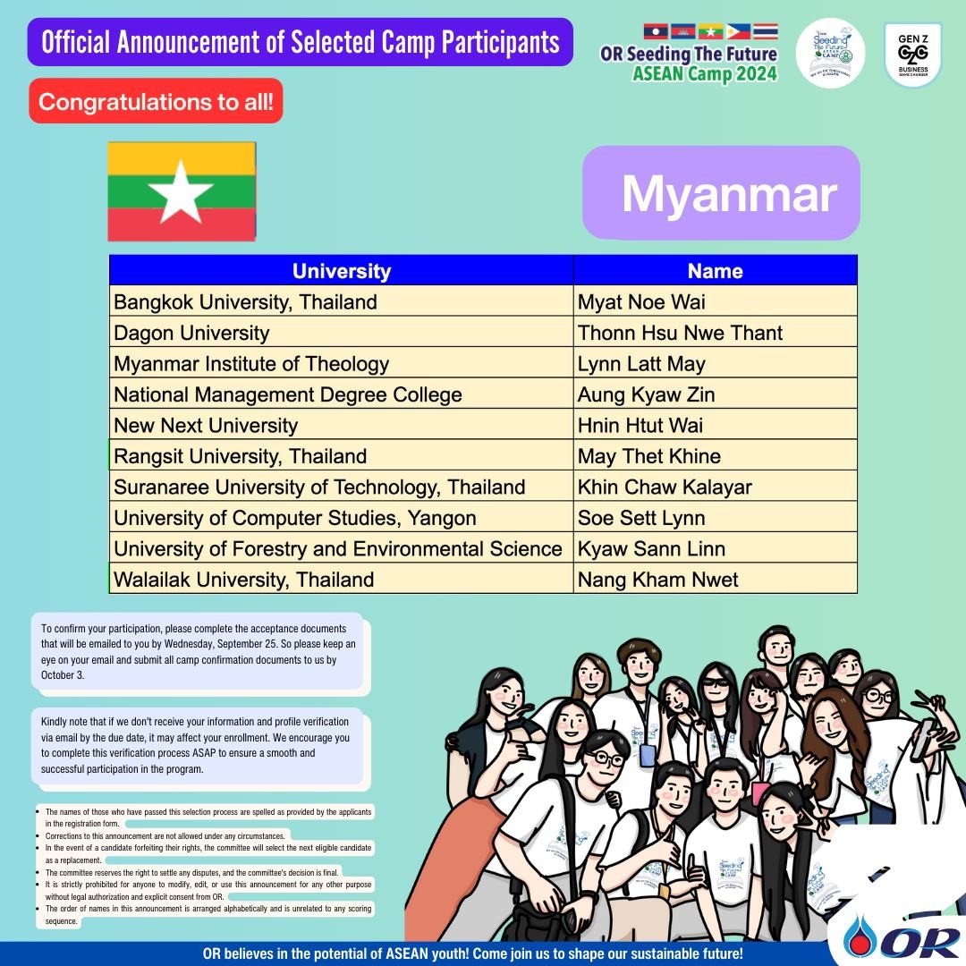 Congratulations to Miss Nang Kham Nwet (Sophia) for being selected to join the OR Seeding for the Future ASEAN Camp 2024